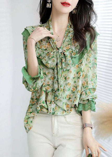 French Green Bow Collar Patchwork Ruffles Print Chiffon Shirts Spring FR2012