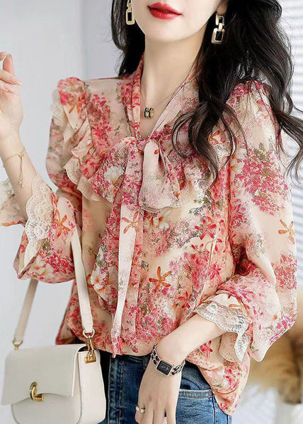 French Green Bow Collar Patchwork Ruffles Print Chiffon Shirts Spring FR2012