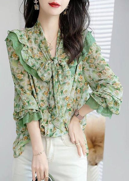 French Green Bow Collar Patchwork Ruffles Print Chiffon Shirts Spring FR2012