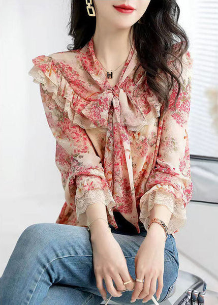 French Green Bow Collar Patchwork Ruffles Print Chiffon Shirts Spring FR2012