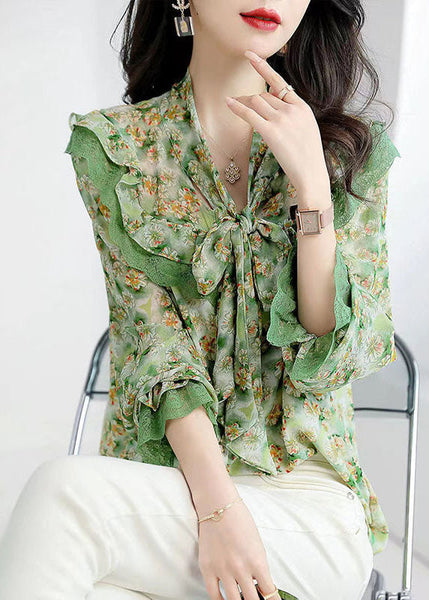 French Green Bow Collar Patchwork Ruffles Print Chiffon Shirts Spring FR2012