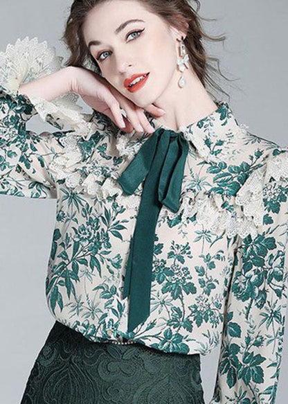 French Green Bow Lace Patchwork Print Silk Shirt Top Spring LY0391