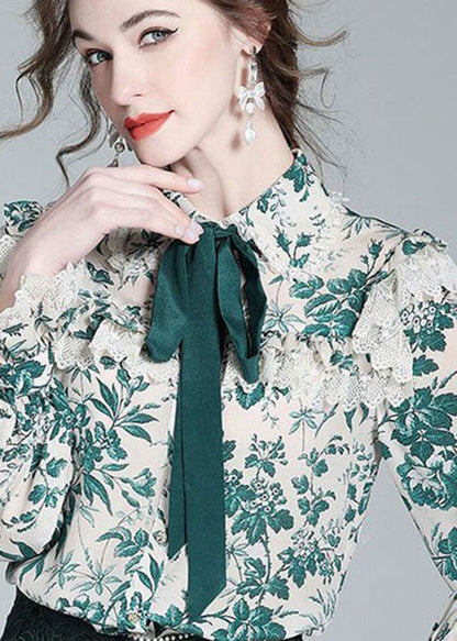 French Green Bow Lace Patchwork Print Silk Shirt Top Spring LY0391