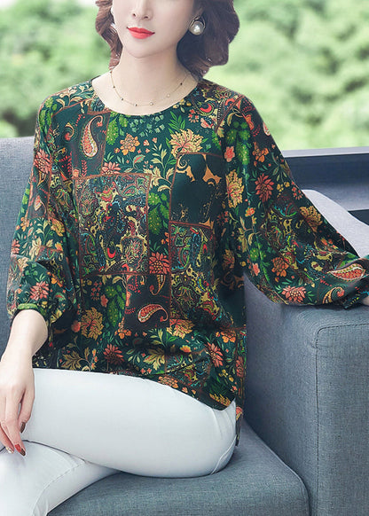 French Green O-Neck Oversized Print Silk Top Bracelet Sleeve LY0992