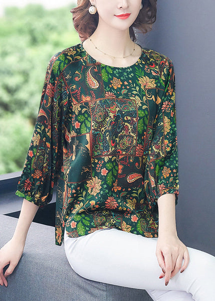French Green O-Neck Oversized Print Silk Top Bracelet Sleeve LY0992