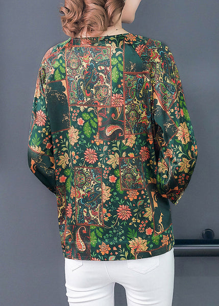 French Green O-Neck Oversized Print Silk Top Bracelet Sleeve LY0992