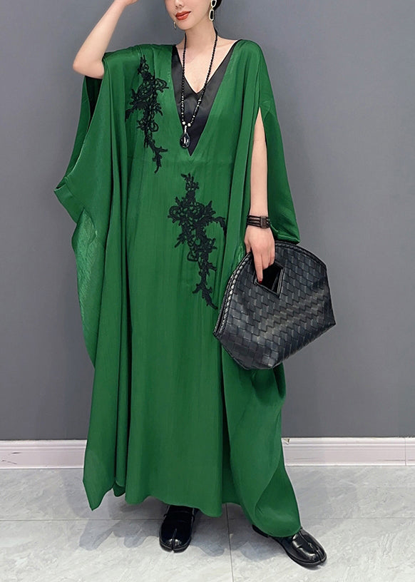 French Green Oversized Patchwork Silk Ankle Dress Batwing Sleeve LY0561