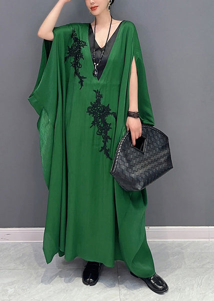 French Green Oversized Patchwork Silk Ankle Dress Batwing Sleeve LY0561