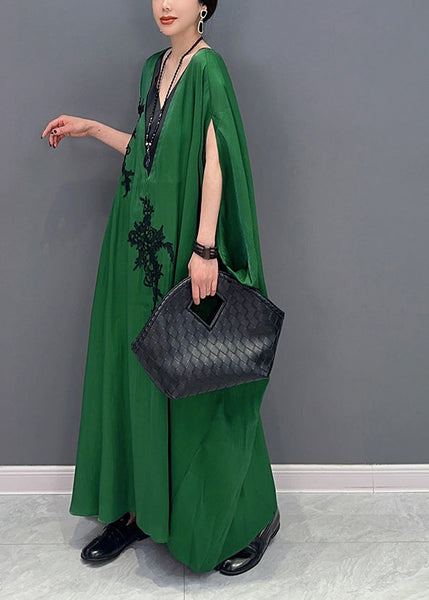 French Green Oversized Patchwork Silk Ankle Dress Batwing Sleeve LY0561