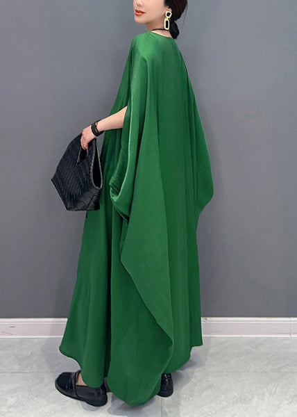 French Green Oversized Patchwork Silk Ankle Dress Batwing Sleeve LY0561