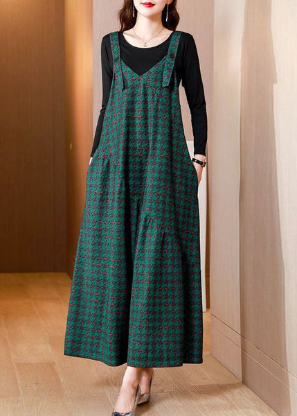 French Green Oversized Print Cotton Overalls Jumpsuit Two Piece Set Spring AC2005