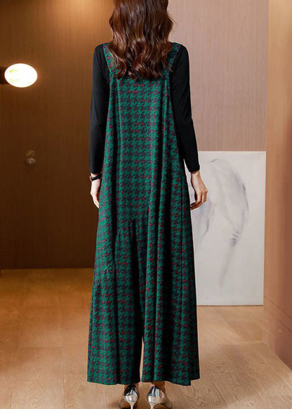 French Green Oversized Print Cotton Overalls Jumpsuit Two Piece Set Spring AC2005