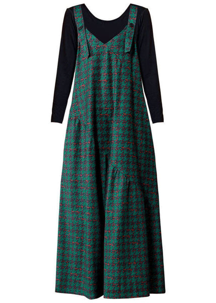French Green Oversized Print Cotton Overalls Jumpsuit Two Piece Set Spring AC2005