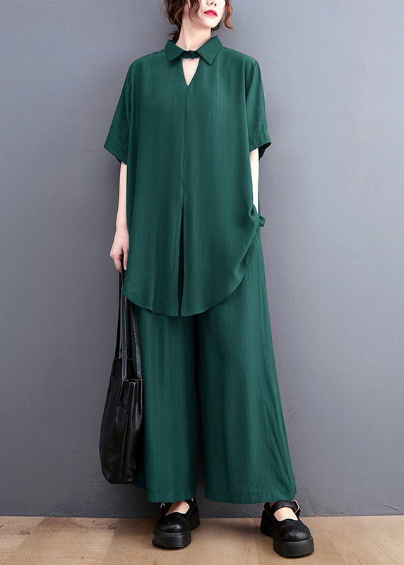 French Green Oversized Side Open Draping Silk Two Piece Set Women Clothing Summer LY1489