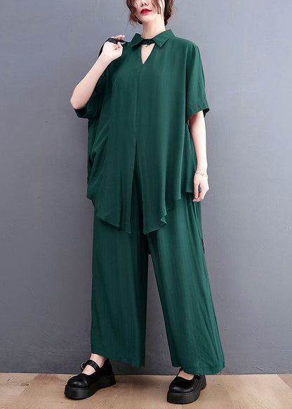 French Green Oversized Side Open Draping Silk Two Piece Set Women Clothing Summer LY1489