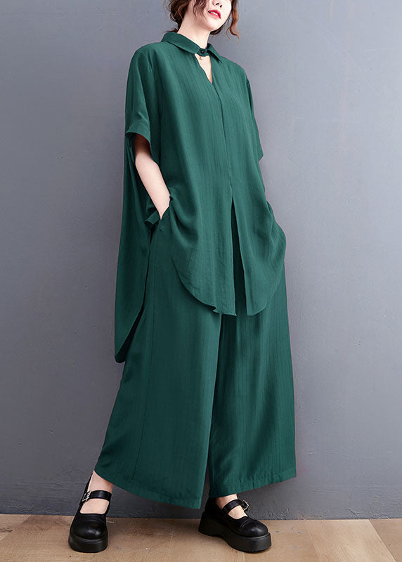 French Green Oversized Side Open Draping Silk Two Piece Set Women Clothing Summer LY1489