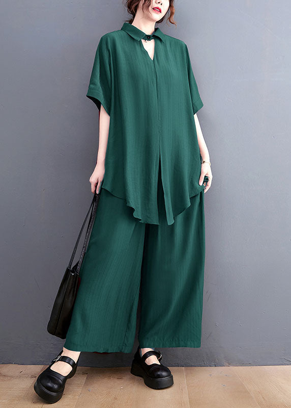 French Green Oversized Side Open Draping Silk Two Piece Set Women Clothing Summer LY1489