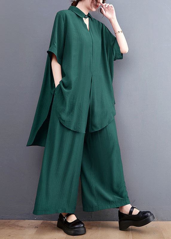 French Green Oversized Side Open Draping Silk Two Piece Set Women Clothing Summer LY1489