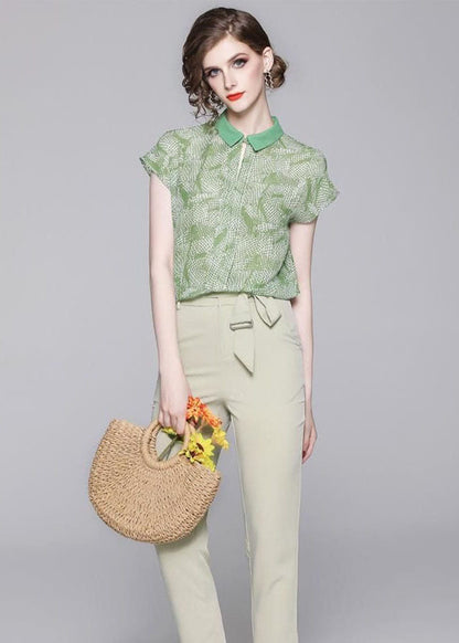 French Green Peter Pan Collar Print Chiffon Two Pieces Set Summer LY0097