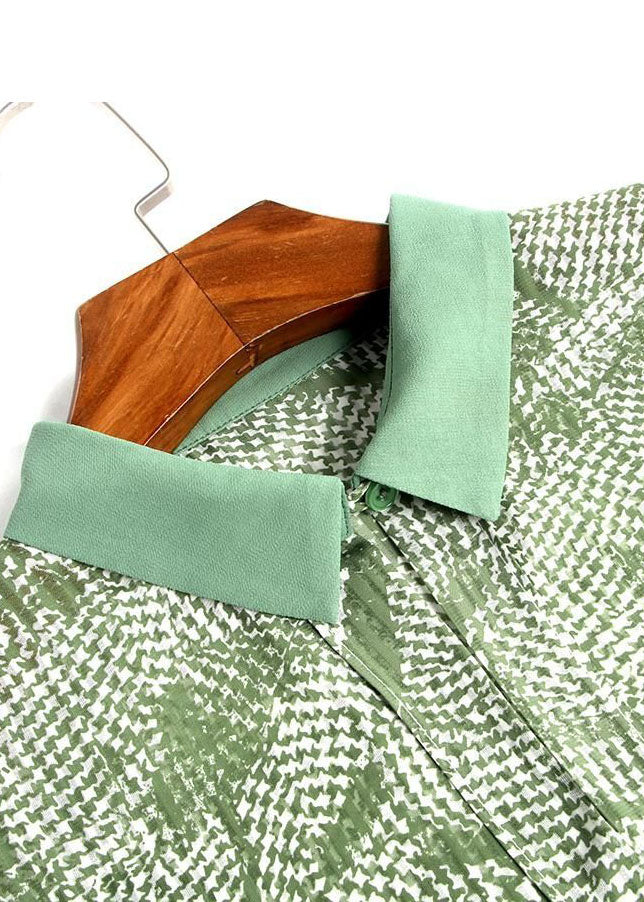 French Green Peter Pan Collar Print Chiffon Two Pieces Set Summer LY0097