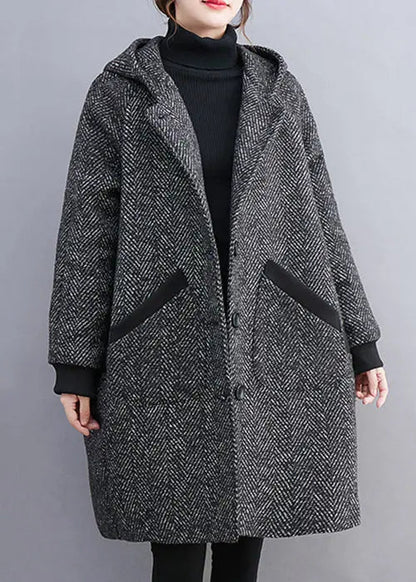 French Grey Hooded Button Pockets Thick Woolen Coats Winter Ada Fashion