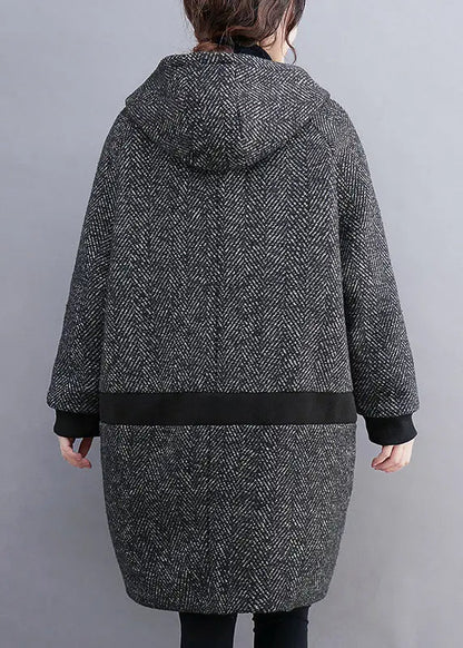 French Grey Hooded Button Pockets Thick Woolen Coats Winter Ada Fashion