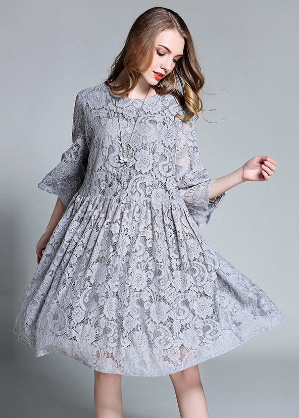 French Grey O-Neck Hollow Out Lace Mid Dress Bracelet Sleeve LY0297