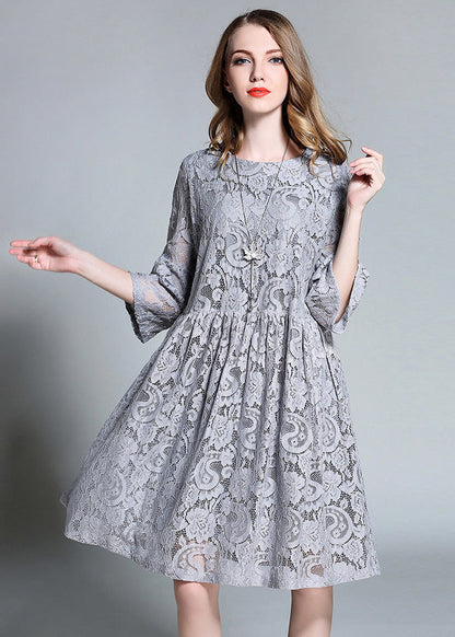 French Grey O-Neck Hollow Out Lace Mid Dress Bracelet Sleeve LY0297