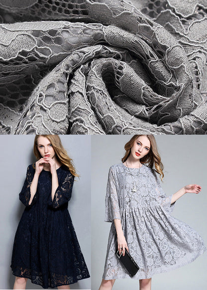 French Grey O-Neck Hollow Out Lace Mid Dress Bracelet Sleeve LY0297