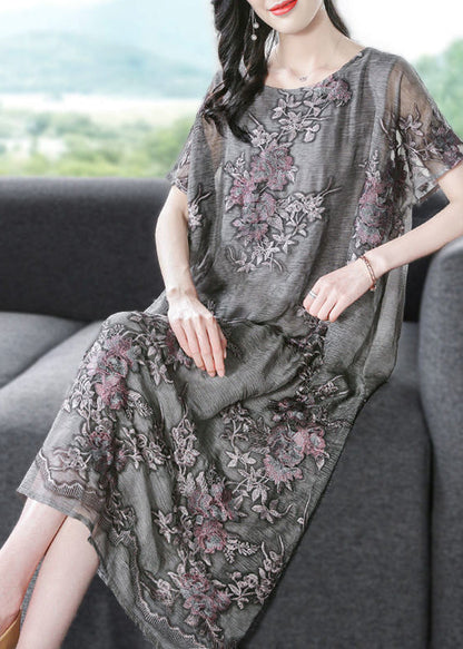 French Grey Oversized Embroideried Silk Dress Summer LY0688