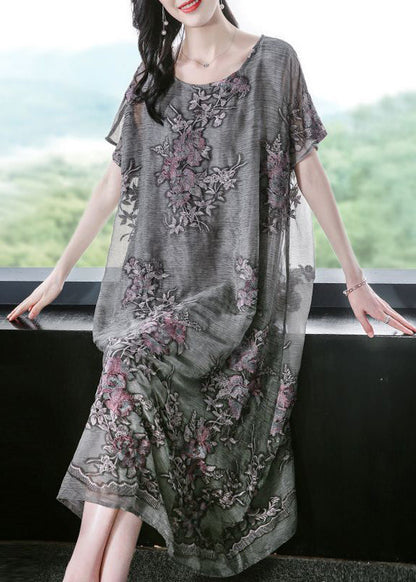 French Grey Oversized Embroideried Silk Dress Summer LY0688