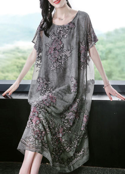 French Grey Oversized Embroideried Silk Dress AC3061