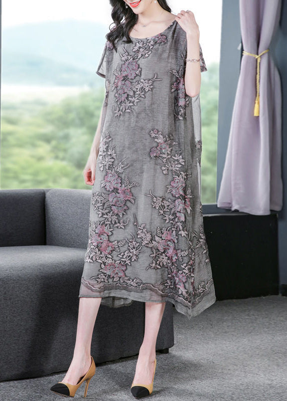 French Grey Oversized Embroideried Silk Dress Summer LY0688