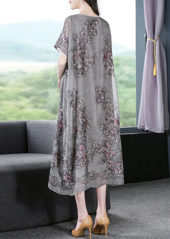 French Grey Oversized Embroideried Silk Dress Summer LY0688