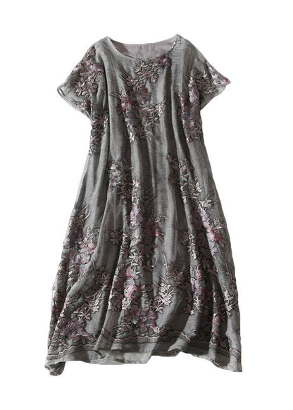 French Grey Oversized Embroideried Silk Dress Summer LY0688