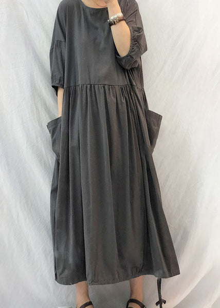 French Grey Oversized Patchwork Drawstring Wrinkled Cotton Dress Half Sleeve LY1305