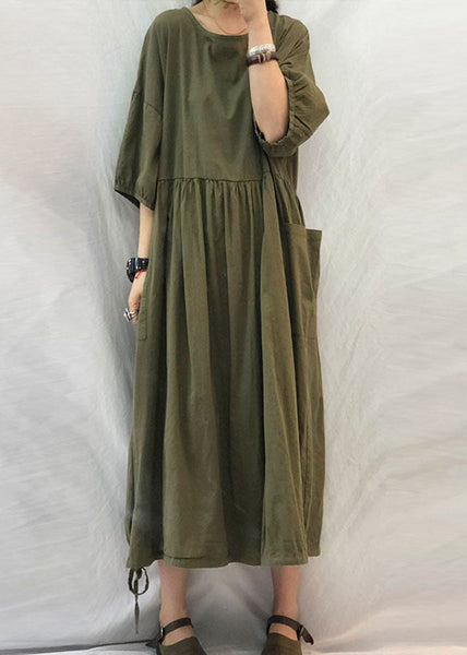 French Grey Oversized Patchwork Drawstring Wrinkled Cotton Dress Half Sleeve LY1305