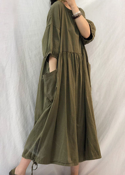 French Grey Oversized Patchwork Drawstring Wrinkled Cotton Dress Half Sleeve LY1305