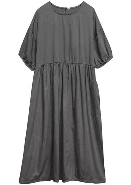 French Grey Oversized Patchwork Drawstring Wrinkled Cotton Dress Half Sleeve LY1305