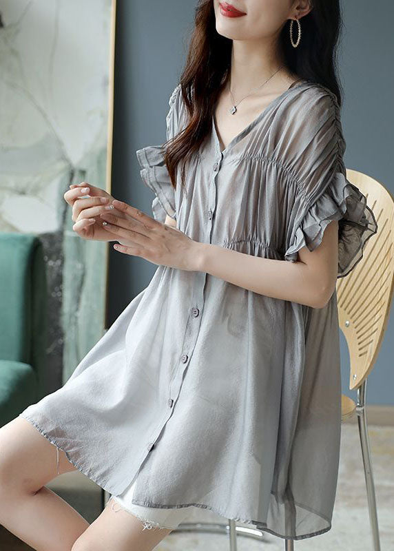 French Grey V Neck Ruffles Wrinkled Silk Blouse Tops Short Sleeve TH1032