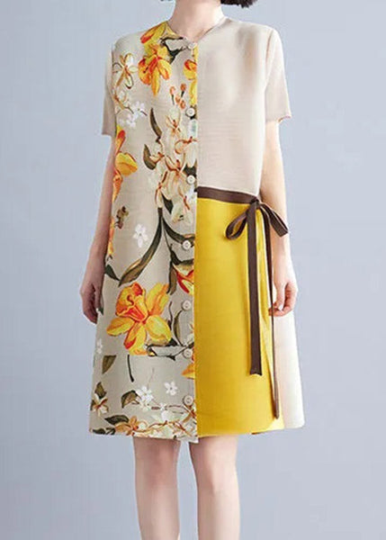 Robe mi-longue d'été TI1017, imprimé patchwork kaki français, col rond, froncée, taille nouée