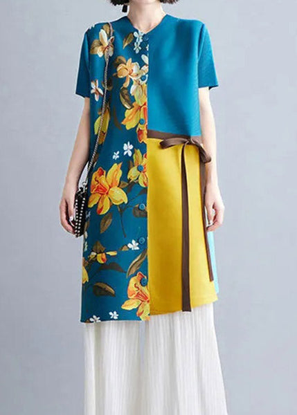 Robe mi-longue d'été TI1017, imprimé patchwork kaki français, col rond, froncée, taille nouée