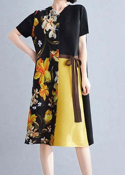 Robe mi-longue d'été TI1017, imprimé patchwork kaki français, col rond, froncée, taille nouée