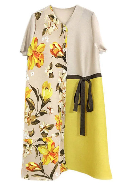 Robe mi-longue d'été TI1017, imprimé patchwork kaki français, col rond, froncée, taille nouée