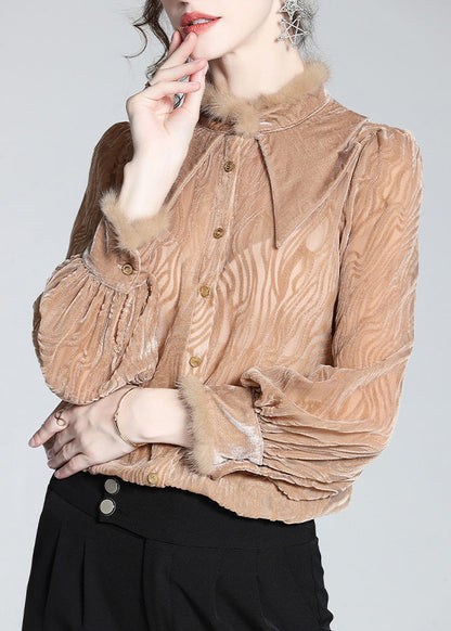 French Khaki Peter Pan Collar Striped Button Silk Velour Shirt Long Sleeve LY0705