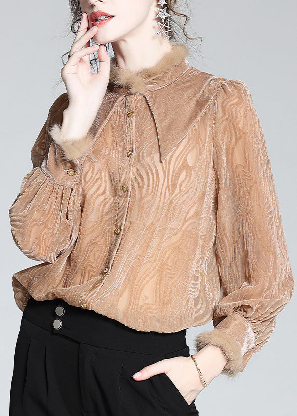 French Khaki Peter Pan Collar Striped Button Silk Velour Shirt Long Sleeve LY0705