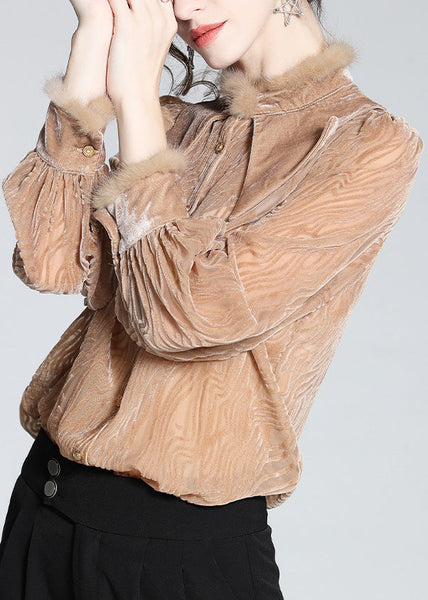 French Khaki Peter Pan Collar Striped Button Silk Velour Shirt Long Sleeve AC3011