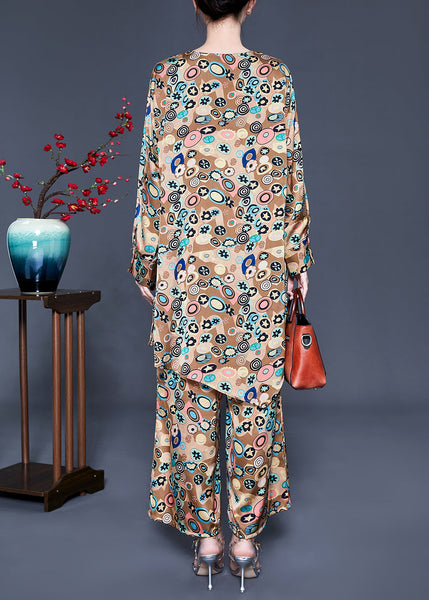 French Khaki Print Tie Waist Asymmetrical Design Silk Two-Piece Set Summer LY0940