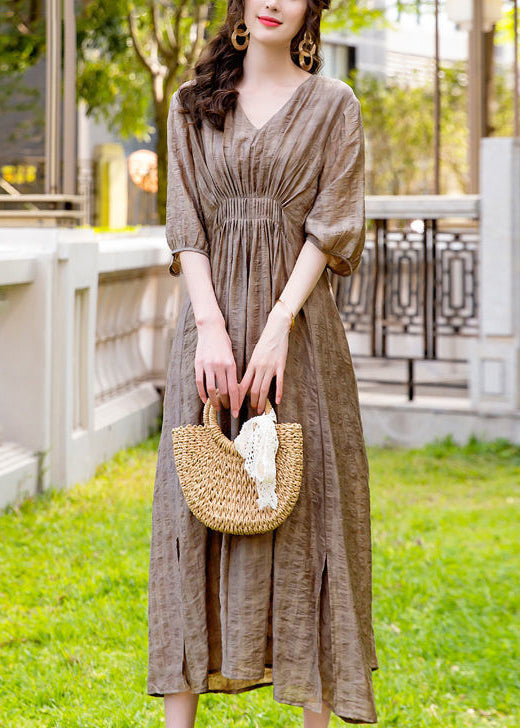 French Khaki V Neck Wrinkled Silk Vacation Dresses Summer LY1069