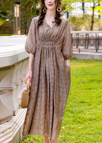 French Khaki V Neck Wrinkled Silk Vacation Dresses Summer LY1069